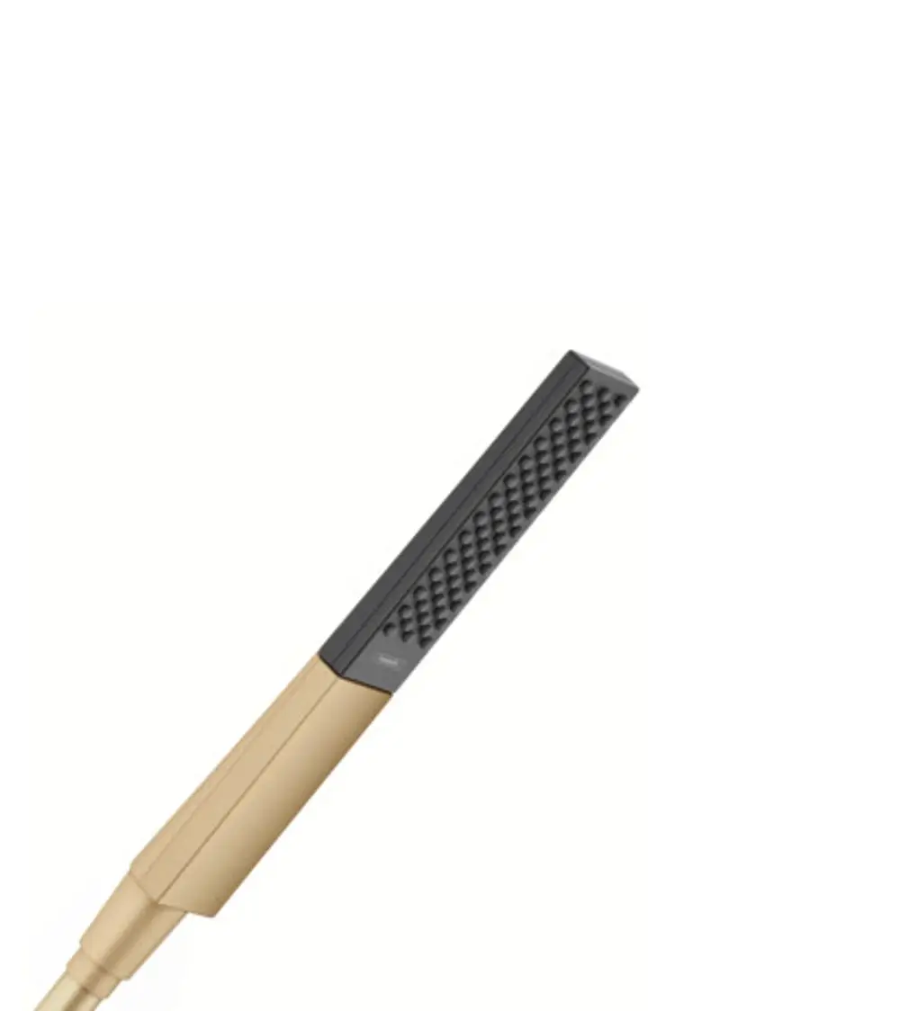 Ein Produkt von Hansgrohe mit einem schlanken, langen Design in Brushed Bronze. Der Griff geht in eine flache Kopfpartie über, die eine strukturierte Oberfläche aufweist.